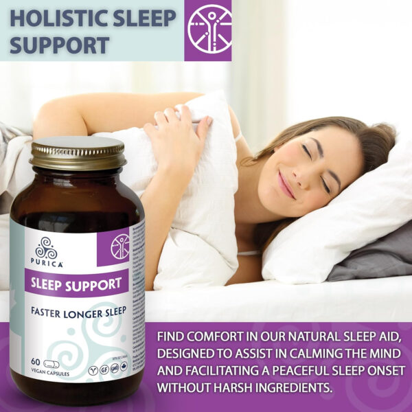 PURICA Vegan Sleep Support Supplement - 60 Capsules with Organic Ashwagandha & Reishi Mushroom - Image 3