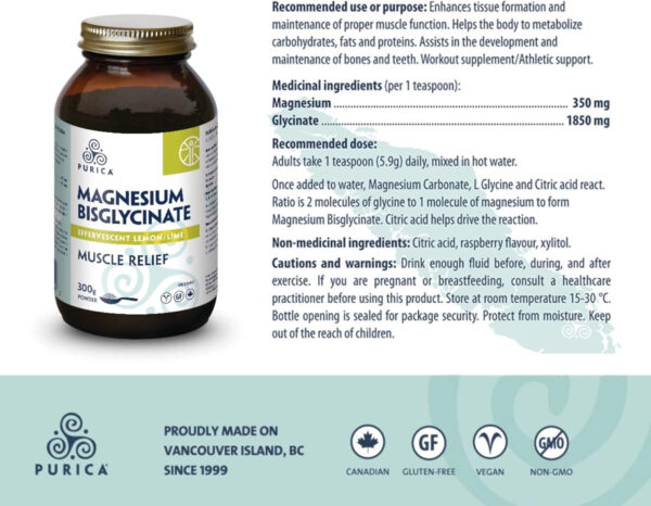 PURICA Effervescent Magnesium Bisglycinate Powder, 300g - Lemon/Lime Flavor – Pure Magnesium Bis-Glycinate Supplement - Optimal Absorption for Muscle Relaxation, Enhanced Sleep & Bone Health - Image 3