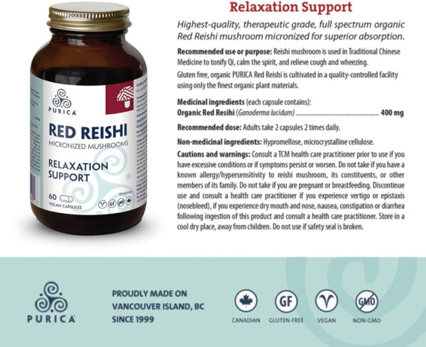 PURICA - Red Reishi - Micronized Mushrooms - Relaxation Support (60 Count (Pack of 1)) - Image 3