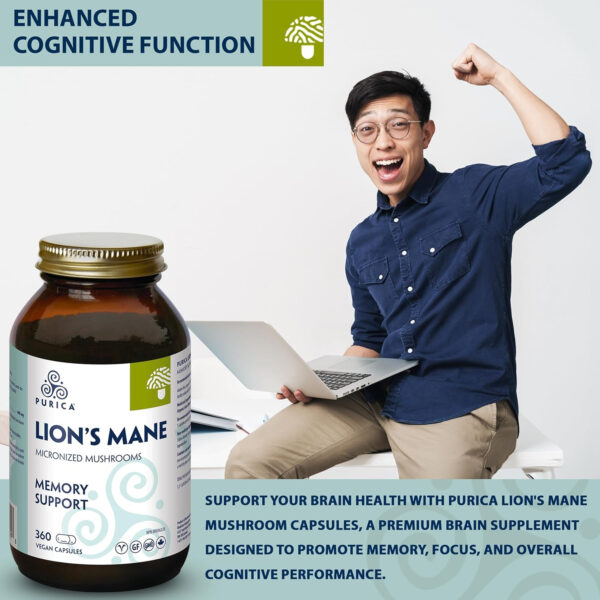 PURICA Lion's Mane Mushroom Capsules, 360 Count - Enhanced Cognitive Support, Organic Brain Health Supplement for Memory & Focus - Image 3