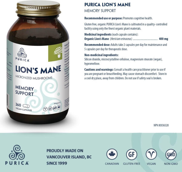 PURICA Lion's Mane Mushroom Capsules, 360 Count - Enhanced Cognitive Support, Organic Brain Health Supplement for Memory & Focus - Image 4
