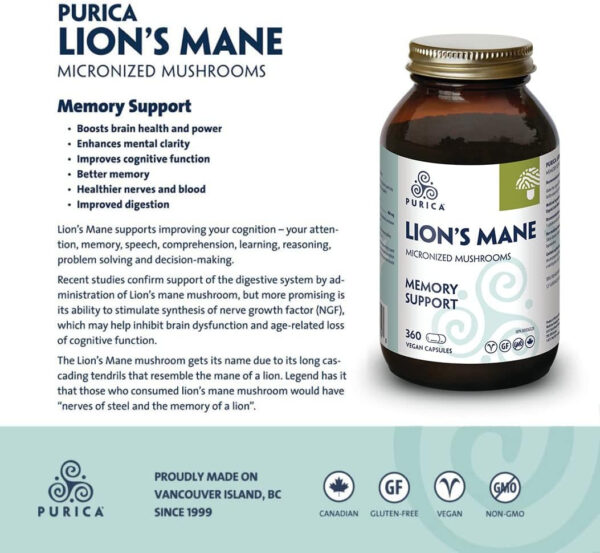 PURICA Lion's Mane Mushroom Capsules, 360 Count - Enhanced Cognitive Support, Organic Brain Health Supplement for Memory & Focus - Image 5