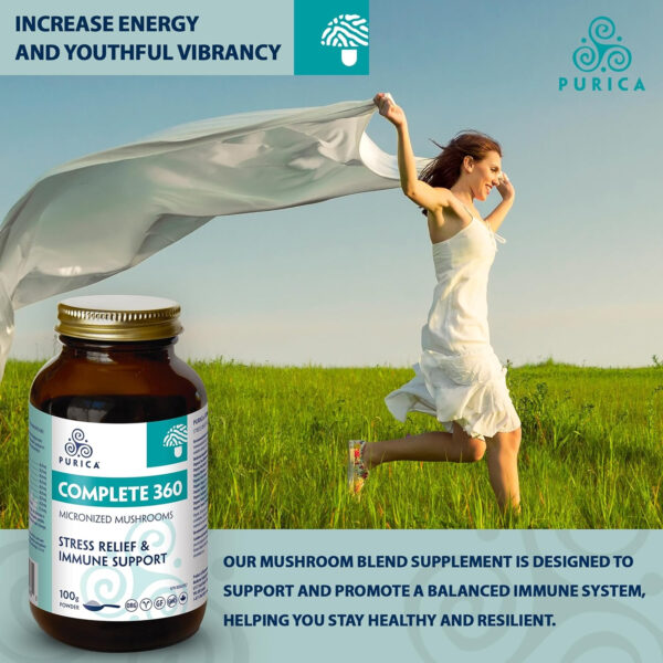 PURICA Complete 360 Organic Mushroom Blend Supplement - Reishi, Lions Mane, Chaga, Shiitake, Maitake, Cordyceps, Turkey Tail, Sun Mushroom and Ashwagandha - 100 grams - Image 3