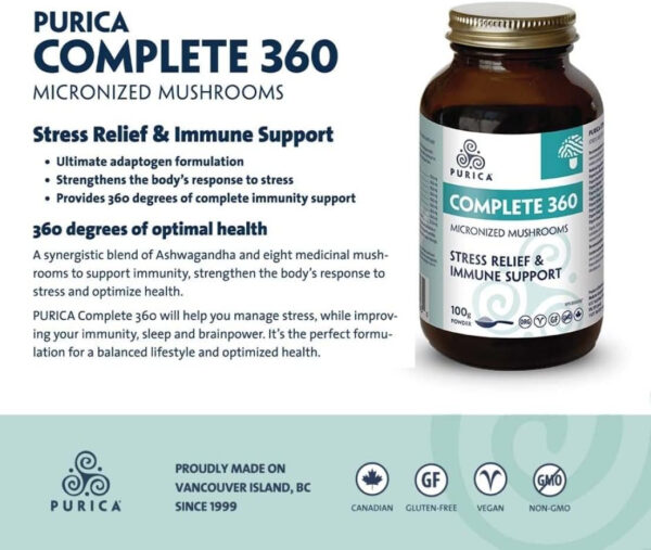 PURICA Complete 360 Organic Mushroom Blend Supplement - Reishi, Lions Mane, Chaga, Shiitake, Maitake, Cordyceps, Turkey Tail, Sun Mushroom and Ashwagandha - 100 grams - Image 7