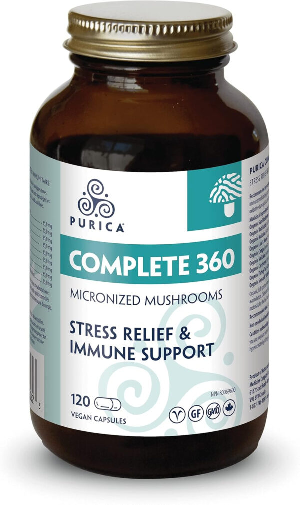 PURICA Complete 360 Micronized Mushroom Blend - 120 Vegan Capsules - Daily Wellness Support with Cordyceps, Turkey Tail, Ashwagandha, Organic Sun Mushroom, Red Reishi, Maitake, Lion's Mane, Chaga, Shiitake