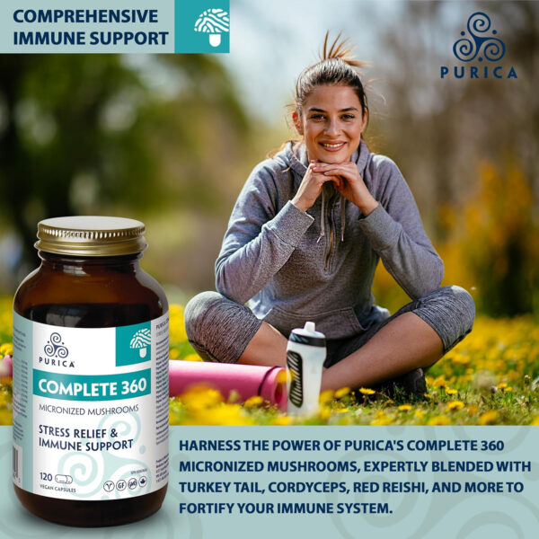 PURICA Complete 360 Micronized Mushroom Blend - 120 Vegan Capsules - Daily Wellness Support with Cordyceps, Turkey Tail, Ashwagandha, Organic Sun Mushroom, Red Reishi, Maitake, Lion's Mane, Chaga, Shiitake - Image 3