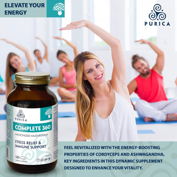 PURICA Complete 360 Micronized Mushroom Blend - 120 Vegan Capsules - Daily Wellness Support with Cordyceps, Turkey Tail, Ashwagandha, Organic Sun Mushroom, Red Reishi, Maitake, Lion's Mane, Chaga, Shiitake - Image 5