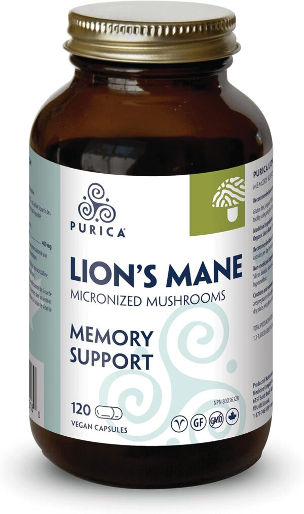 PURICA - Lion's Mane Micronized Mushrooms, 120 Vegan Capsules - Promotes Cognitive Health - Focus and Memory Support