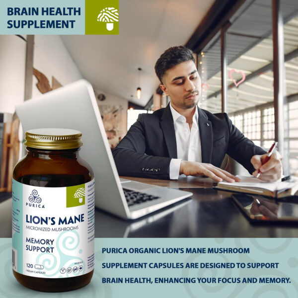PURICA - Lion's Mane Micronized Mushrooms, 120 Vegan Capsules - Promotes Cognitive Health - Focus and Memory Support - Image 3