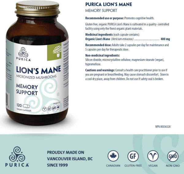 PURICA - Lion's Mane Micronized Mushrooms, 120 Vegan Capsules - Promotes Cognitive Health - Focus and Memory Support - Image 4