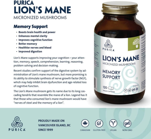 PURICA - Lion's Mane Micronized Mushrooms, 120 Vegan Capsules - Promotes Cognitive Health - Focus and Memory Support - Image 5