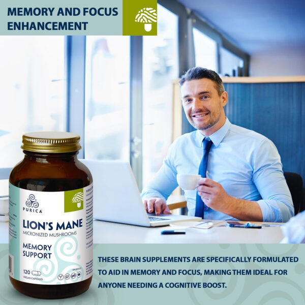 PURICA - Lion's Mane Micronized Mushrooms, 120 Vegan Capsules - Promotes Cognitive Health - Focus and Memory Support - Image 6