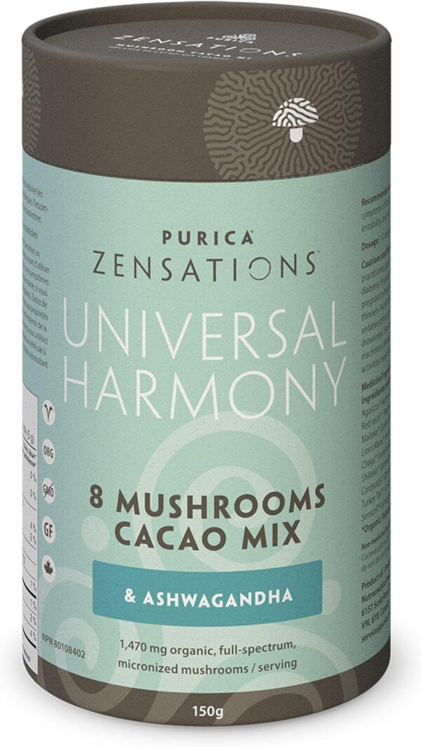 PURICA - Zensations Universal Harmony, 150g Powder - Helps to Promote Healthy Sleep and Support Cardiovascular Health - 8 Mushrooms and Ashwagandha - Cacao Mix