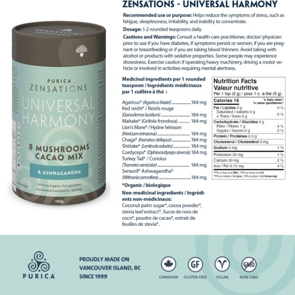 PURICA - Zensations Universal Harmony, 150g Powder - Helps to Promote Healthy Sleep and Support Cardiovascular Health - 8 Mushrooms and Ashwagandha - Cacao Mix - Image 3