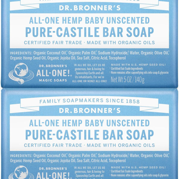 Dr. Bronner's Pure-Castile Bar Soap, 140g (Pack of 2) | Organic Oils, For Face, Body, Hair, Gentle for Sensitive Skin, Babies, No Added Fragrance, Biodegradable, Vegan | Unscented