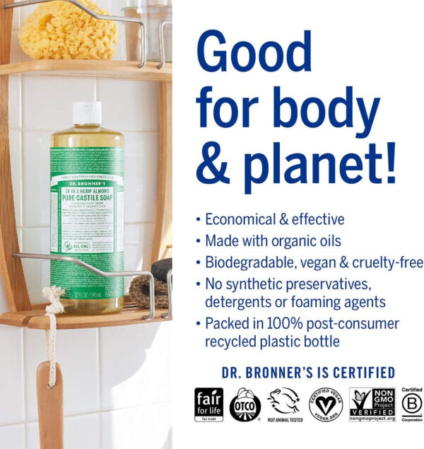 Dr. Bronner’s - Pure-Castile Liquid Soap (Almond, 946 mL) - Made with Organic Oils, 18-in-1 Uses: Face, Body, Hair, Laundry, Pets and Dishes, Concentrated, Vegan, Non-GMO - Image 5