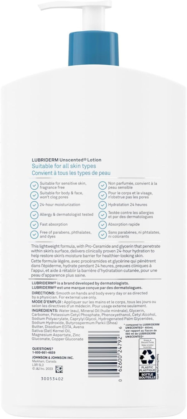 Lubriderm Unscented Lotion, Shea Butter and Glycerin, Dry Skin, Hand, Face Moisturizer, Fragrance Free, 710mL - Image 3
