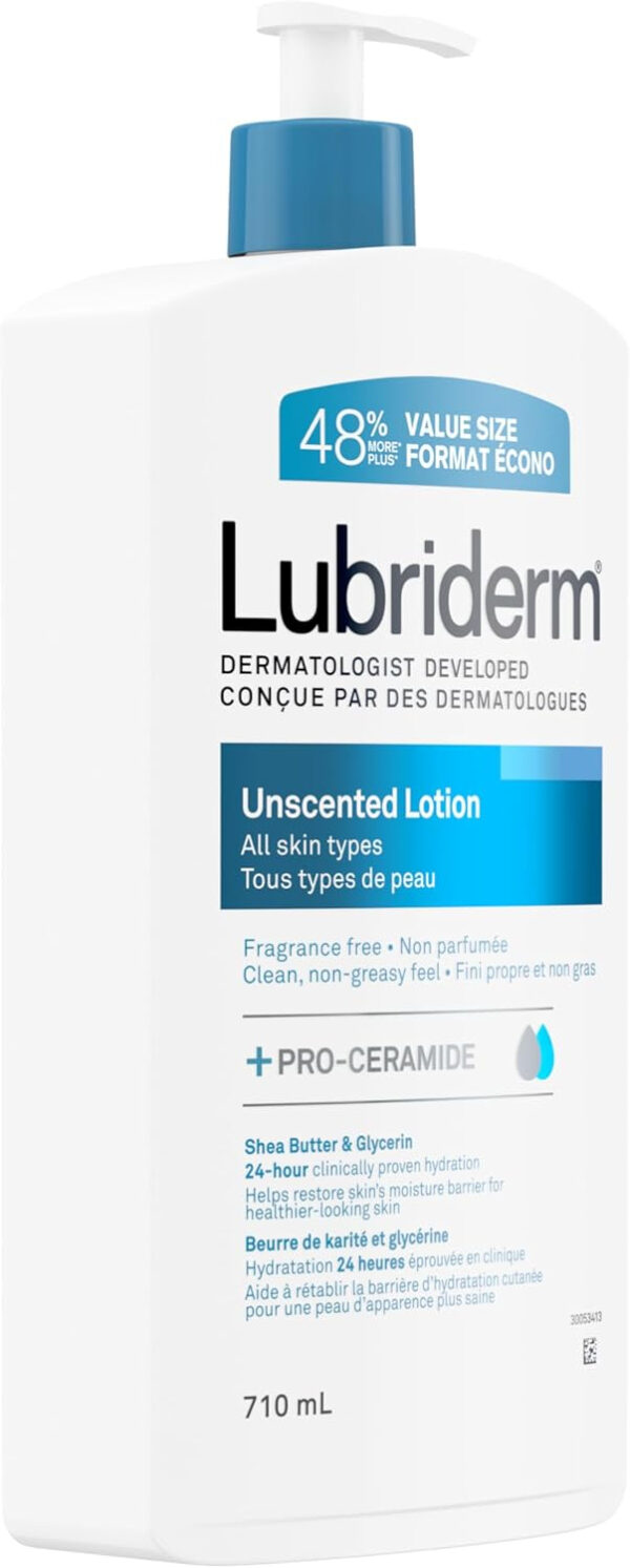 Lubriderm Unscented Lotion, Shea Butter and Glycerin, Dry Skin, Hand, Face Moisturizer, Fragrance Free, 710mL - Image 4