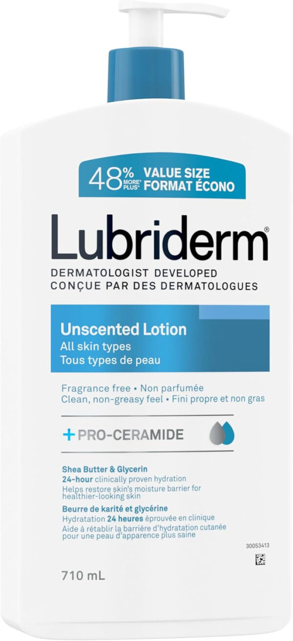 Lubriderm Unscented Lotion, Shea Butter and Glycerin, Dry Skin, Hand, Face Moisturizer, Fragrance Free, 710mL - Image 7