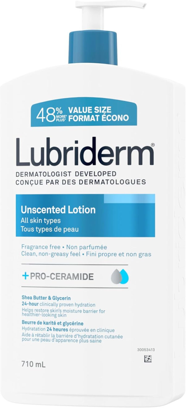 Lubriderm Unscented Lotion, Shea Butter and Glycerin, Dry Skin, Hand, Face Moisturizer, Fragrance Free, 710mL - Image 8