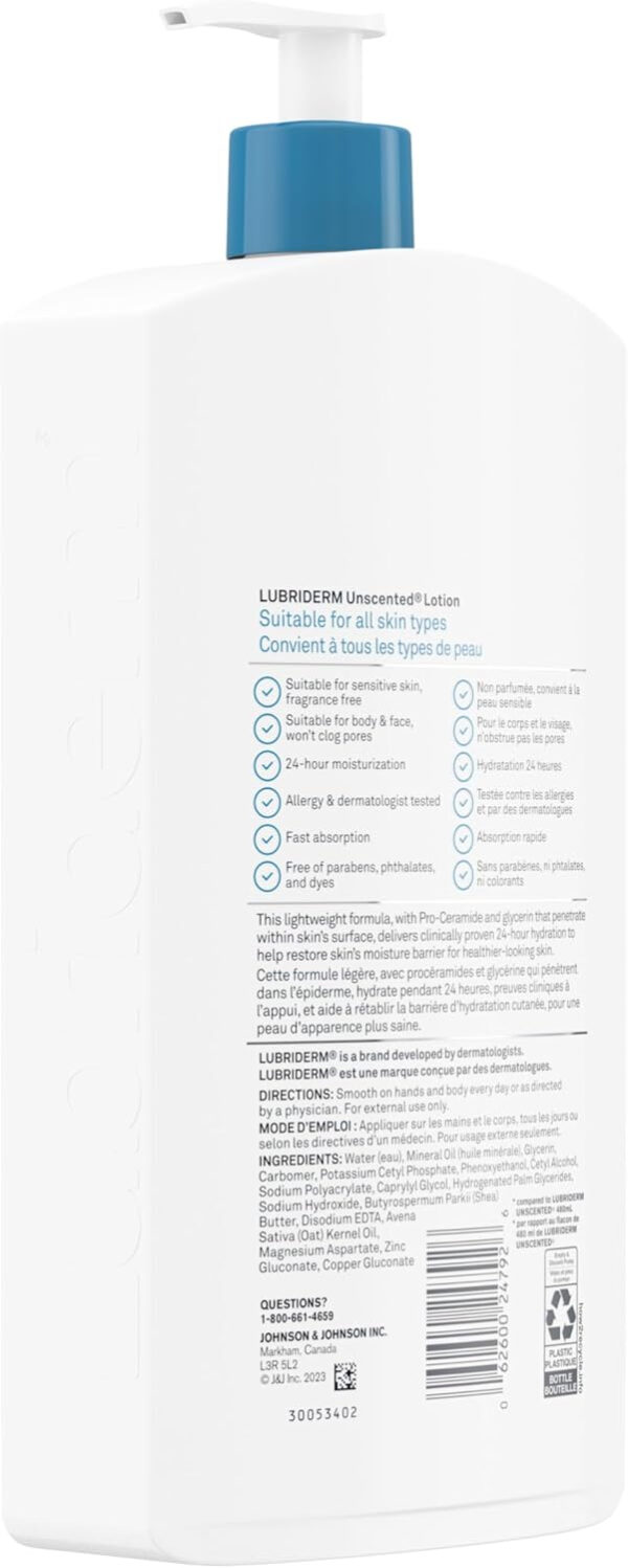 Lubriderm Unscented Lotion, Shea Butter and Glycerin, Dry Skin, Hand, Face Moisturizer, Fragrance Free, 710mL - Image 9