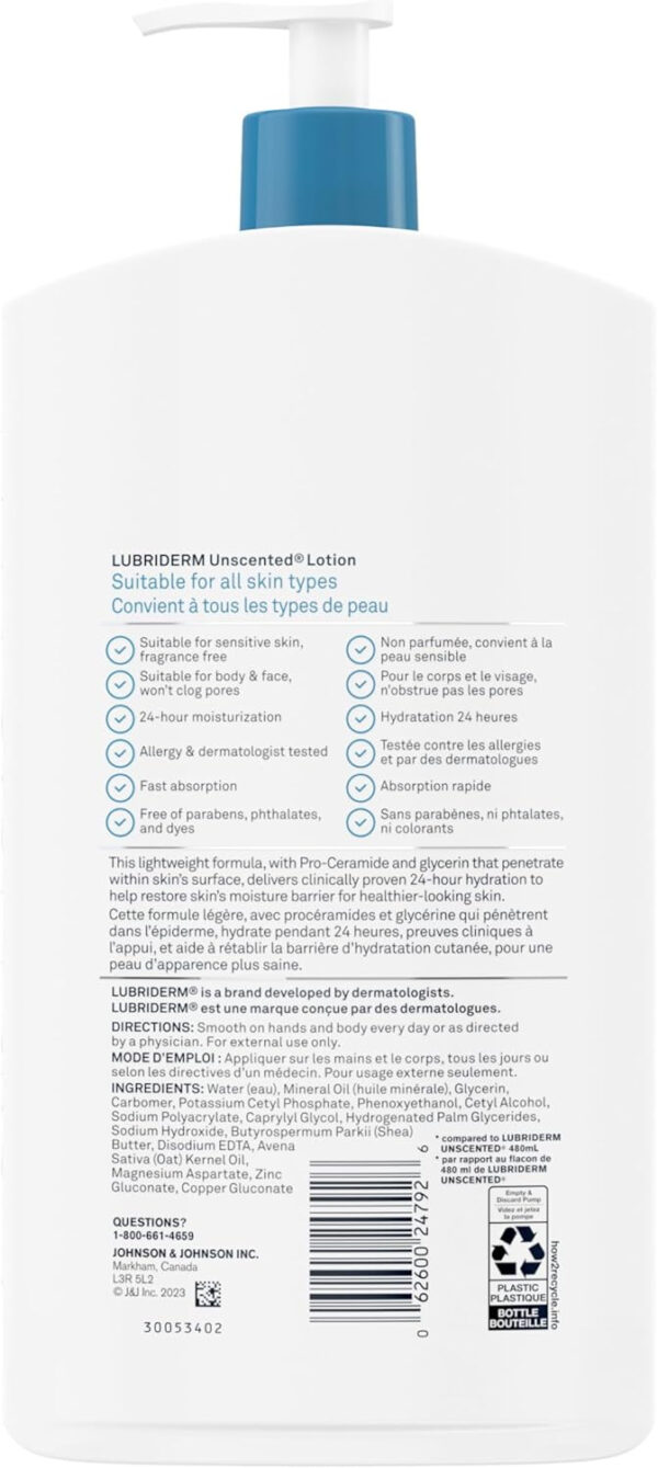 Lubriderm Unscented Lotion, Shea Butter and Glycerin, Dry Skin, Hand, Face Moisturizer, Fragrance Free, 710mL - Image 10