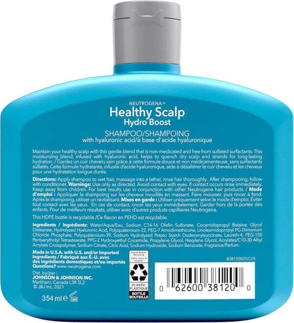 Neutrogena Moisturizing Healthy Scalp Hydro Boost Shampoo for Dry Hair and Scalp, with Hydrating Hyaluronic Acid, pH-Balanced, Paraben & Phthalate-Free, Color-Safe, 354 ml - Image 3