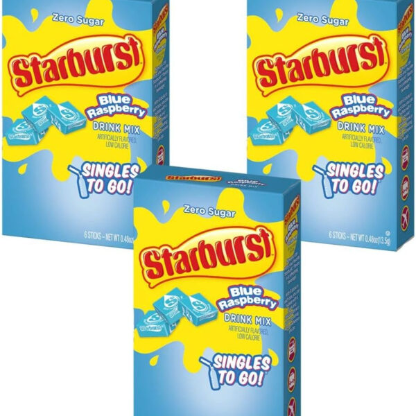 Starburst Zero Sugar Drink Mix Singles On The Go, 3 Boxes Of Blue Raspberry 6 Singles In Each Box 18 drinks In Total. (Packaging May Vary)