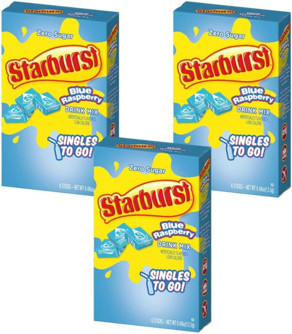 Starburst Zero Sugar Drink Mix Singles On The Go, 3 Boxes Of Blue Raspberry 6 Singles In Each Box 18 drinks In Total. (Packaging May Vary)