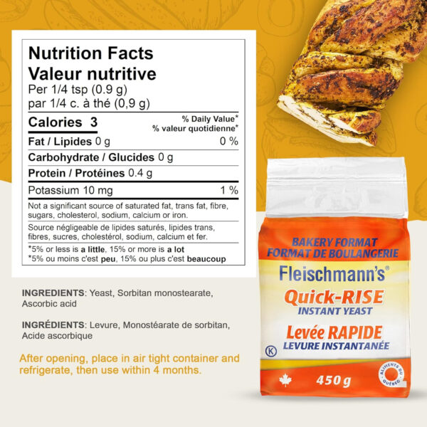 Fleischmann’s Quick-Rise Instant Yeast, Bread Mixes, One Rest and Rise, Bakery Format, 2 x 450-gram brick - Image 3