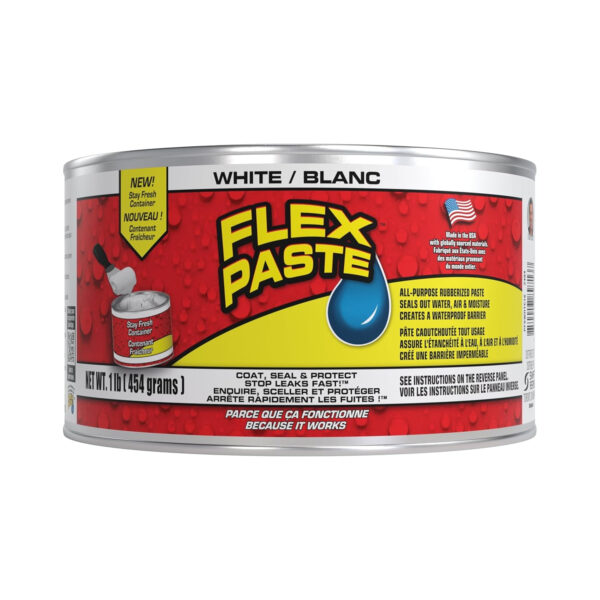 Flex Paste - All Purpose Rubberized Waterproof Paste Indoor & Outdoor Repairs Spread, Shape, Form & Seal Gaps, Cracks, Holes Paintable Great for Roofs, Foundation, Drywall, White, 1 lb (454 g)