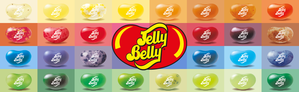 Jelly Belly Jelly Beans logo with 32 jelly beans as a background