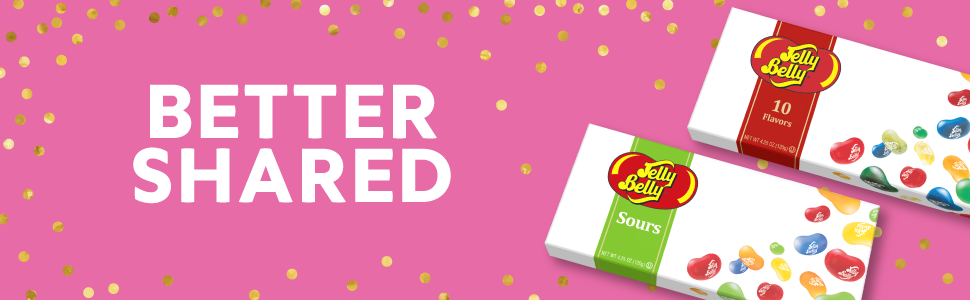 Banner with a 10-Flavor & 5-Flavor Sours Jelly Belly Gift Boxes, and the text Better Shared