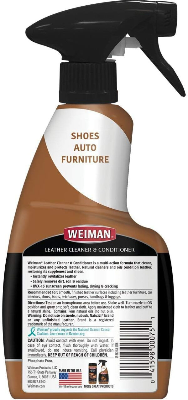 Weiman Leather Cleaner and Conditioner UV Protection Help Prevent Cracking or Fading For Leather Couch Car Seat Shoe Purse - 12 Ounces - Image 4