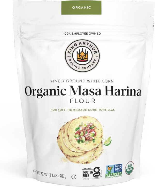 King Arthur Organic Masa Harina: Premium Corn Flour for Authentic Tortillas & Tamales - Non-GMO, Gluten-Free, Finely Ground White Corn Meal - American-Grown, Traditional Process - 2 lbs