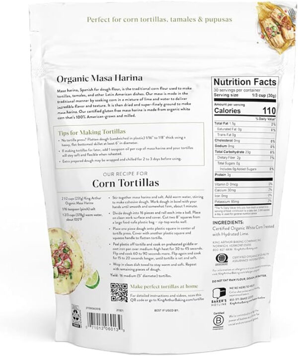 King Arthur Organic Masa Harina: Premium Corn Flour for Authentic Tortillas & Tamales - Non-GMO, Gluten-Free, Finely Ground White Corn Meal - American-Grown, Traditional Process - 2 lbs - Image 4