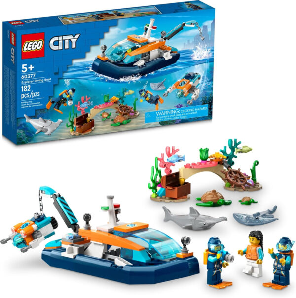 LEGO City Explorer Diving Boat 60377 Ocean Building Toy with Coral Reef, Mini-Submarine, 3 Minifigures and Manta Ray, Shark, Crab, 2 Fish and 2 Turtle Figures, Build and Be Inspired by LEGO Masters
