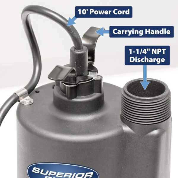 Superior Pump 91570 3300GPH Thermoplastic Submersible Utility Pump with 10-Foot Cord, 1/2 HP - Image 6