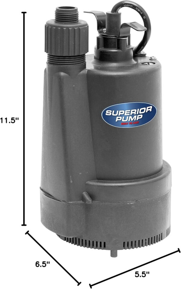 Superior Pump 91570 3300GPH Thermoplastic Submersible Utility Pump with 10-Foot Cord, 1/2 HP - Image 10