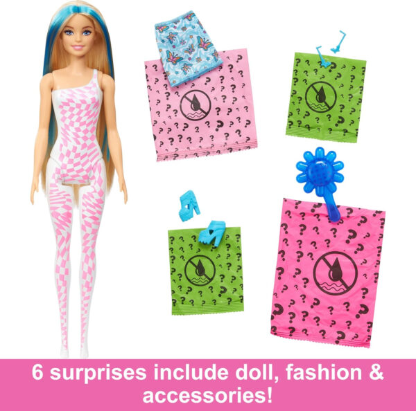 Barbie Color Reveal Doll & Accessories with 6 Unboxing Surprises, Rainbow-Inspired Series with Color-Change Bodice, 1960s Theme - Image 6